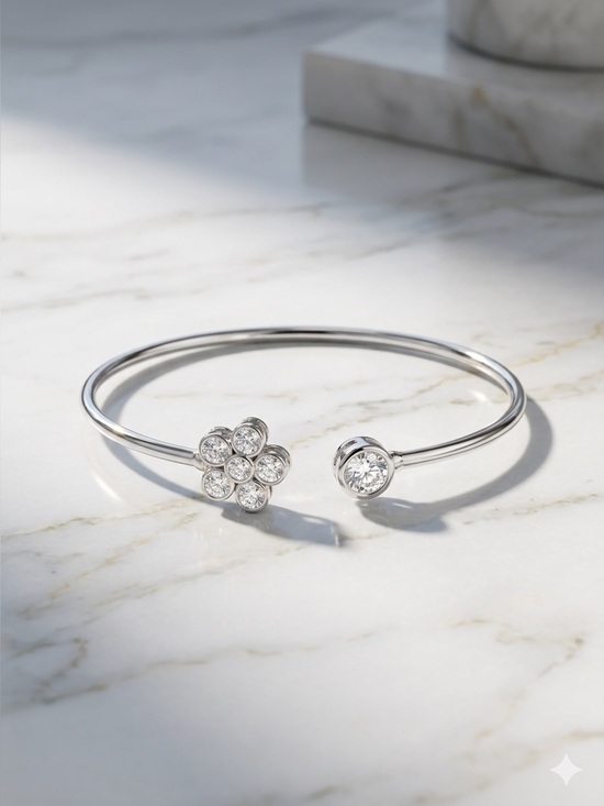 Jewelry - S925 Moissanite Flower Open Bangle Bracelet